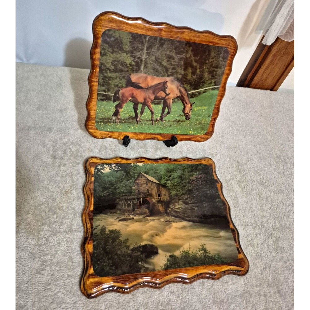 Vintage Wood Photo Plaques Horse Foal Water Mill Rustic Cabin Wall Decor